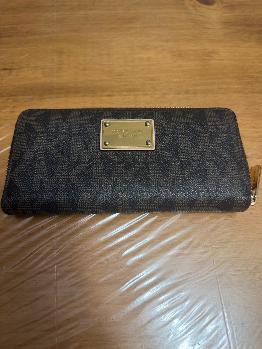 Michael Kors Dark Brown MK Logo Zip-Around Wallet with Gold Plaque